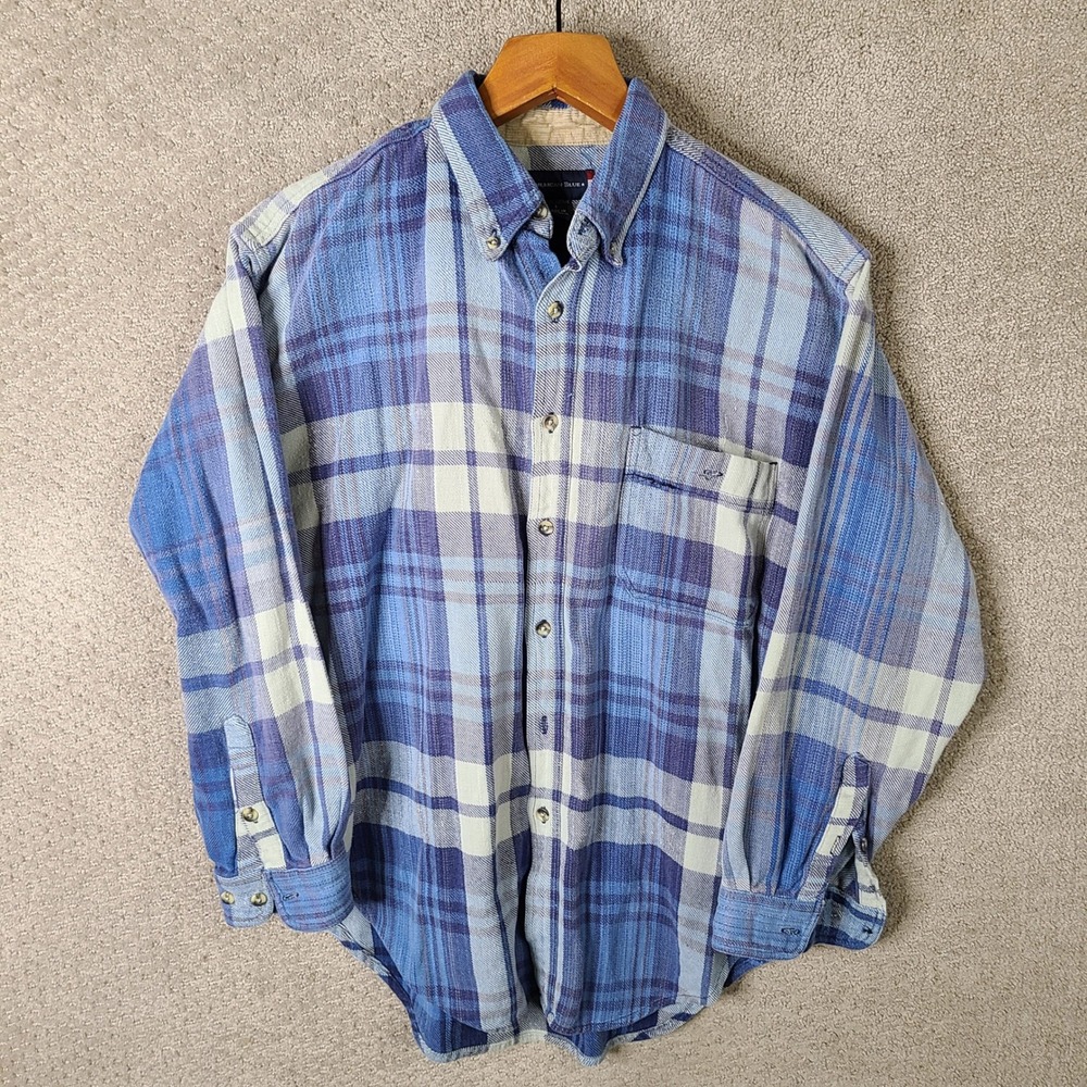 American Blue Shirt Mens Large Blue Plaid Button Down Cotton Flannel Long Sleeve